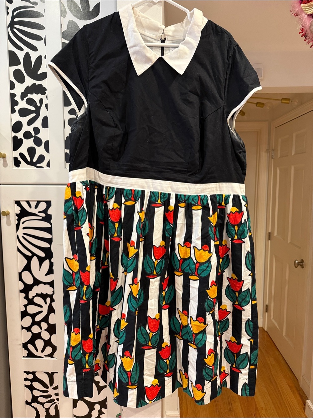 MODCLOTH Black Top Colorblock Dress with Tulip Print Skirt